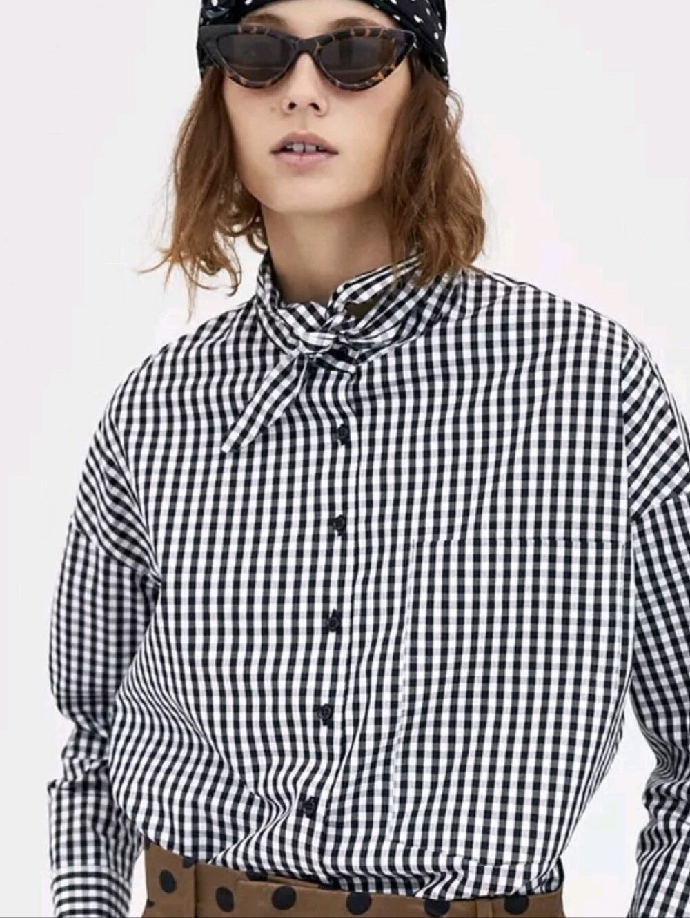 Zara Woman Top XL Blk/White Gingham Plaid High Tie Neck oversized Blouse